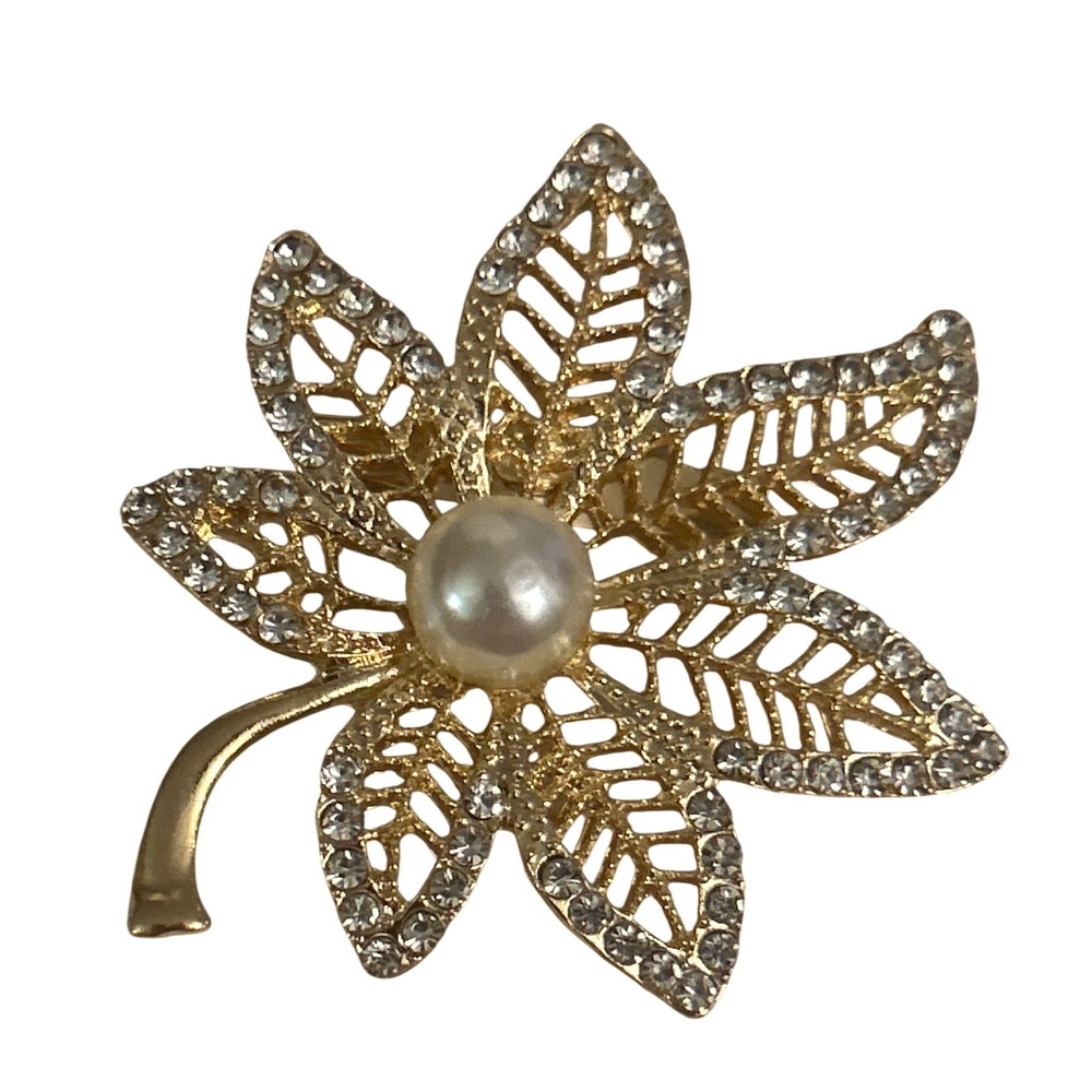 Gold Tone Leaf Brooch Faux Pearl Rhinestone Filigree Floral Pin Vintage Style